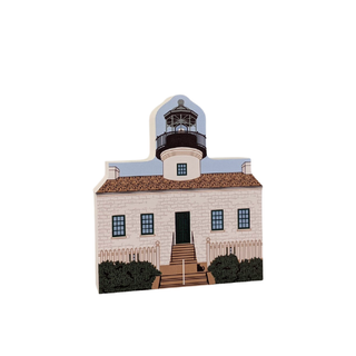 3/4" thick wooden replica with an Illustration of a lighthouse design on a white background