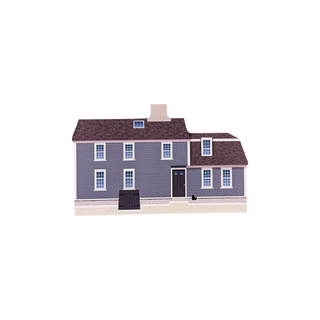 3/4" wooden replica with an illustration of a two-story house with a gray exterior and brown roof on a white background