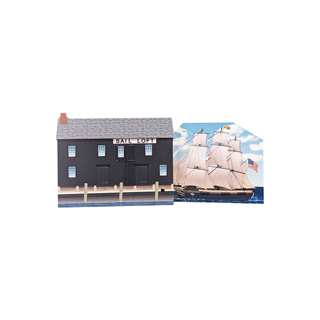 3/4" wooden replica with an illustration of a sailboat and a building labeled 'Sail Loft' on a white background