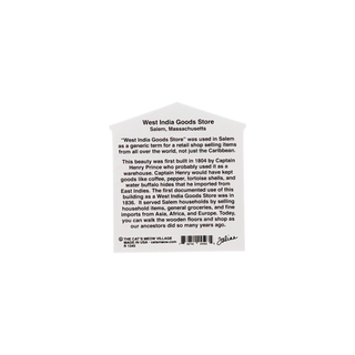 Back of a product packaging with text about West India Goods Store in Salem, Massachusetts.