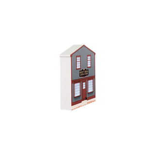 3/4" wooden replica with an illustration of a two-story building with a red door and white windows on a white background