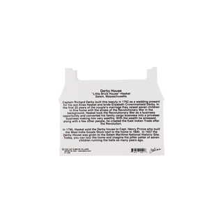 back of product with black text on white background about Derby House in Salem Massachusetts