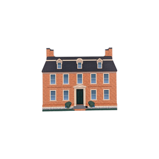 3/4" wooden replica with an illustration of a two-story brick house with a black roof on a white background