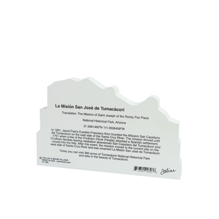 3/4" thick wooden  model with text about La Misión San José de Tumacácori on a white background