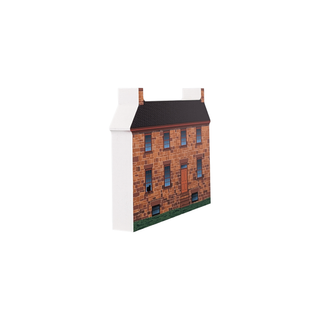 3/4" thick wooden illustration of a stone home on a white background