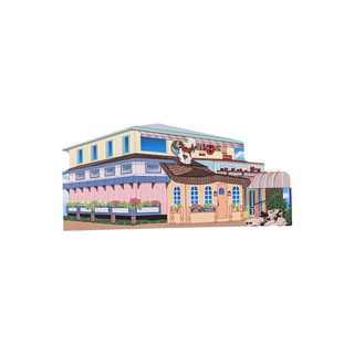 3/4" wooden replica with an illustration  of a two-story building with various elements on a white background