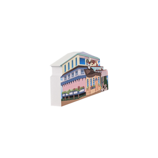 3/4" wooden replica with an illustration  of a Colorful building  on a white background