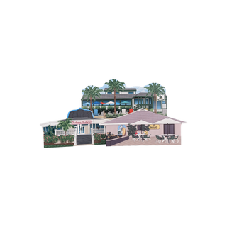 3/4" wooden replica with an illustration  of a beachfront restaurant with palm trees and outdoor seating.