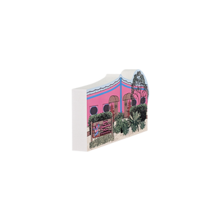 3/4" wooden replica with an illustration  of a building and trees on a white background