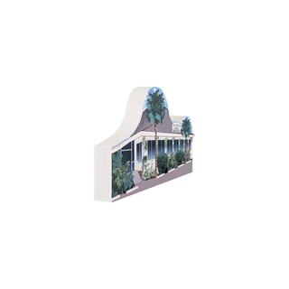 3/4" wooden replica with an illustration of a  restaurant  with a tropical scene on a white background
