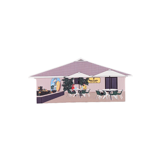 3/4" wooden replica with an illustration  of a restaurant exterior with outdoor seating area on a white background