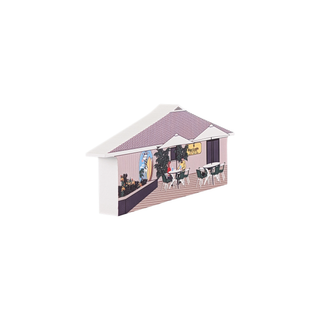 3/4" wooden replica with an illustration of a house with a pink exterior and white roof on a white background
