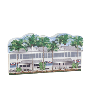 3/4" thick wooden illustration of a coastal house with trees