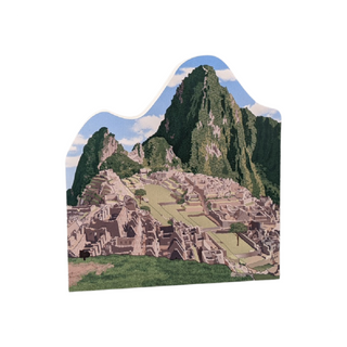 3/4" thick wooden cutout of  Machu Picchu with mountains in the background