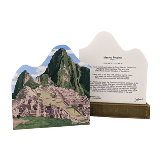 3/4" thick wooden cutout with Machu Picchu illustration and descriptive text on a white background