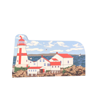 3/4" thick wooden replica with an Illustration of a lighthouse design on a white background