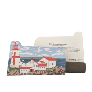 3/4" thick wooden cutout of  lighthouse design and East Quoddy Lighthouse information on a white background