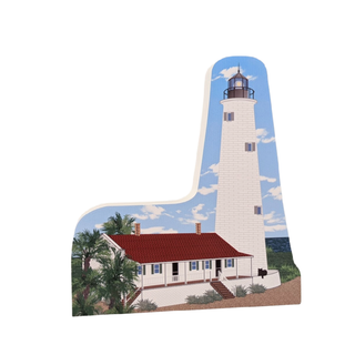 3/4" thick wooden replica with an Illustration of a lighthouse design on a white background