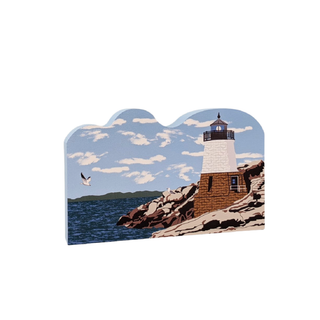 3/4" thick wooden replica with an Illustration of a lighthouse design on a white background