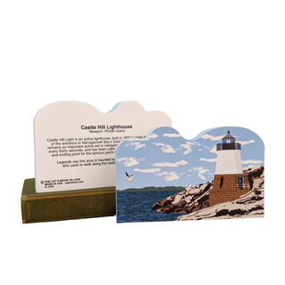 3/4" thick wooden replica with an Illustration of a lighthouse design on a white background