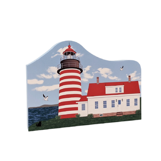 3/4" thick wooden replica with an Illustration of a lighthouse design on a white background
