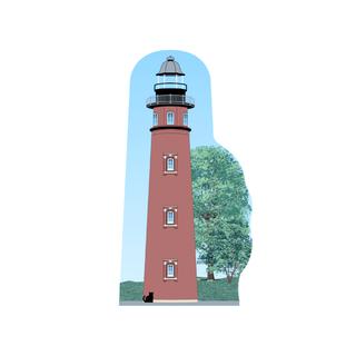 3/4" thick wooden replica with an Illustration of a lighthouse design on a white background