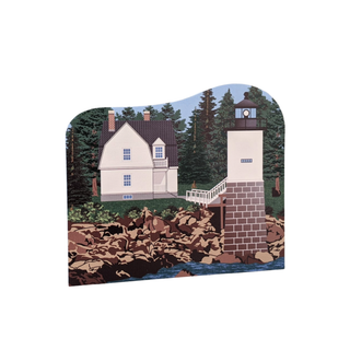 3/4" thick wooden replica with an Illustration of a lighthouse design on a white background