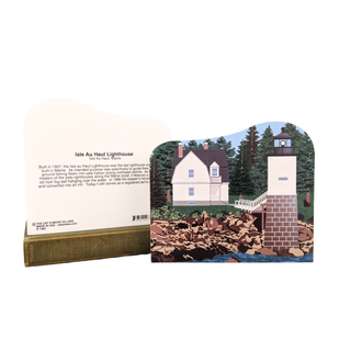 3/4" thick wooden replica with an Illustration of a lighthouse design on a white background
