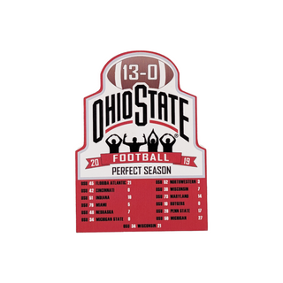 3/4" thick wooden replica with an illustration with an Ohio State football perfect season banner with score details on a white background