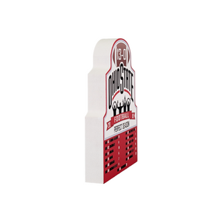 3/4" thick wooden replica with an illustration with an Ohio State football perfect season banner with score details on a white background