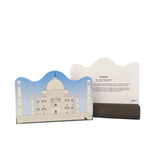 3/4" thick wooden replica with an Illustration of the Taj Mahal with a stand on a white background