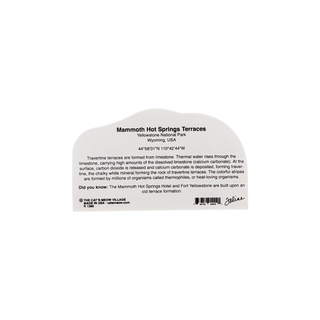 Back of product with text about Mammoth Hot Springs Terraces in Yellowstone National Park.