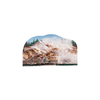 3/4" wooden replica with an illustration of a scenic landscape with a mountain and wooden walkway.