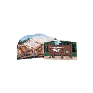 3/4" wooden replica with an illustration of a Yellowstone National Park sign with scenic views on a white background