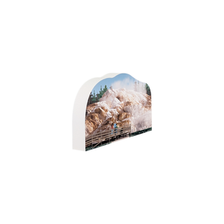 3/4" wooden replica with an illustration of a waterfall and bridge on a white background