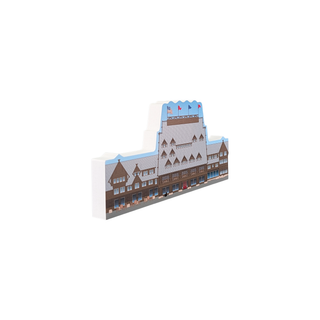 3/4" wooden replica with an illustration of a large building with flags on the top