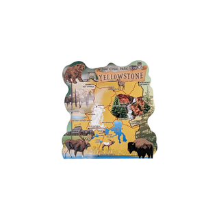 3/4" wooden replica with an illustration of Yellowstone National Park with illustrations of animals and landmarks on a white background.