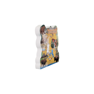 3/4" wooden replica with an illustration of a Yellowstone National Park design featuring animals and scenery on a white background.