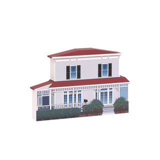 3/4" wooden replica with an illustration of a two-story house with white siding and red roof on a white background