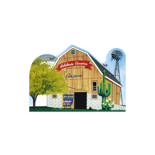 3/4" thick wooden Barn with 'Celebrate America Arizona' sign, windmill, and cactus on a white background