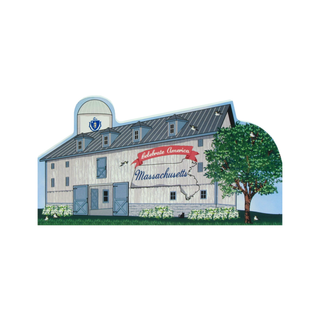 3/4" thick wooden Barn with 'Massachusetts' and 'Celebrate America' text on a white background