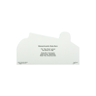 3/4" thick wooden Massachusetts State Barn information card with text on a white background