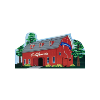 3/4" thick wooden Red barn with 'California' text, surrounded by trees and flowers.