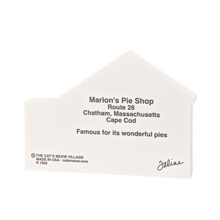 wooden replica back description with text about Marion's Pie Shop on a white background