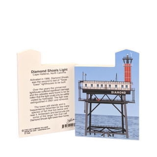 3/4" thick wooden cutout  of Diamond Shoals Lighthouse and descriptive text on a white background