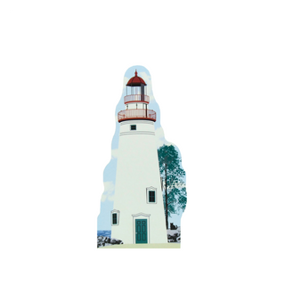 3/4" thick wooden Illustration of a lighthouse with a red roof and green door, surrounded by trees and water.