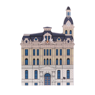 3/4" thick wooden cutout  of a classical building with a clock tower on a white background