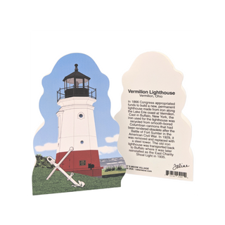 3/4" thick wooden replica with an Illustration of a lighthouse design on a white background