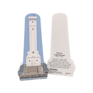 3/4" thick wooden replica with an Illustration of a lighthouse design on a white background