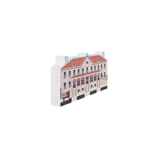 3/4" wooden replica with an illustration of a building with a red roof and white walls on a white background